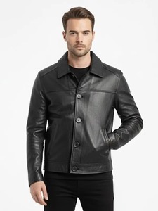 Men’s Button Up Leather <b>Trucker</b> <b>Jacket</b> Classic Casual Western Outerwear - Product Image 1