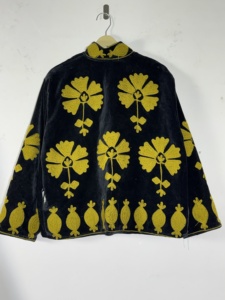 Black Velvet <b>Mandarin</b> <b>Collar</b> <b>Jacket</b> With Yellow Floral Embroidery Vintage Style Zipper Closure Unisex Winter Coat - Product Image 2