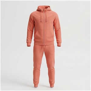 Ensemble de survêtement corail pour homme, manches longues, à capuche, fermeture éclair sur le devant, couleur unie, respirant, coupe décontractée, pour l'automne - Product Image 1