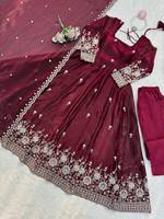 Gaun Anarkali Sutra Payet TENNECY untuk Wanita, Setelan Celana dan Dupatta, Gaya Tradisional India/Pakistan, Bahan Elastis
