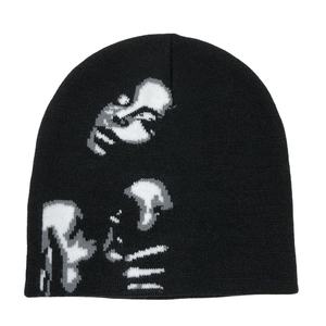 Gorro de invierno con diseño de calavera desplegado Unisex OEM, gorro personalizado sin pliegues, diseño completo de Jacquard, cuero negro colorido con puños, nueva impresión personalizada - Product Image 2