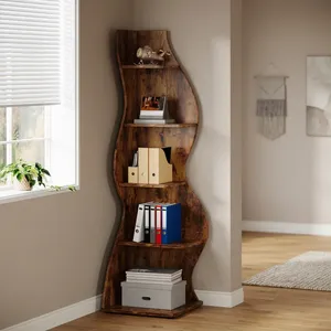 Librería Esquinera de Madera Maciza Rústica con Diseño Curvo, Múltiples Estantes Abiertos para Sala de Estar, Oficina en Casa, Muebles de Almacenamiento - Product Image 4