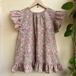 Blusa de algodón floral informal con estampado de bloques a mano para mujer, prendas de vestir cortas hechas a mano con bordado - Product Image 1