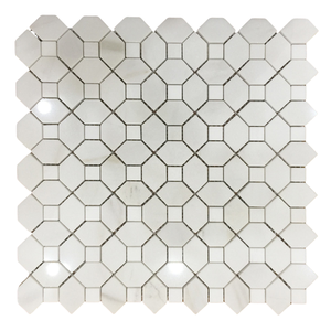 Carrelage mural hexagonal moderne en pierre polie, blanc avec accents gris, pour salle de bain. - Product Image 3