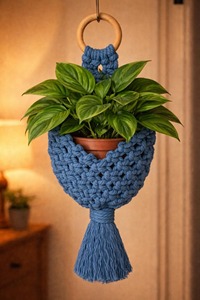 Blue Macrame <b>Basket</b> For Makeup Brush Holder Stylish Cutlery Holder <b>Basket</b> Multipurpose Organizer Handcrafted From India - Product Image 6