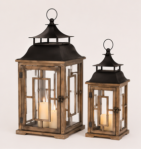 <b>Set</b> of 2 Style Rustic Wooden <b>Lanterns</b> with Decorative Metal Top Distressed Farmhouse Candle Holder for Outdoor Garden Accents - Product Image 1