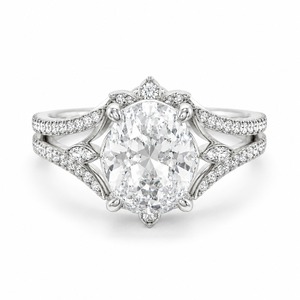 Anillo de compromiso de oro blanco macizo de 9K personalizado con diamante ovalado de laboratorio de 1, 2 o 3 quilates, diseño vintage de hoja con tallo dividido, joyería de boda - Product Image 1