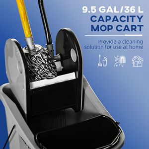 "38-Quart <b>Mop</b> Bucket Wringer Cart with 4 Wheels & 2 Buckets Grey <b>Mop</b> <b>Handle</b> Holder" - Product Image 4