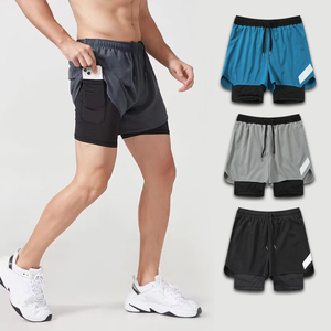 Mens Quick Dry Breathable Running Shorts <b>Layered</b> <b>Mid</b> Waist Elastic Waist Front Logo Reflective Pocket Gym Training Shorts - Product Image 6