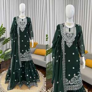 TOP PLAZZO Ensemble de travail vintage pour soirée avec dupatta en Foux Georgette brodé de fils et de sequins, longueur genou, coupe classique, séchage rapide - Product Image 6