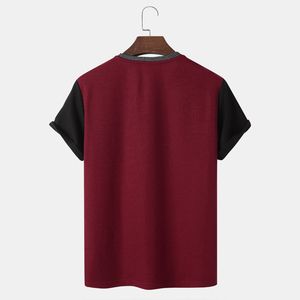 T-shirt en tricot pour homme, manches courtes, col rond, coupe décontractée, design uni avec empiècements contrastants - Product Image 2