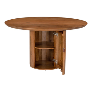 Table à manger moderne avec rangements, en bois de manguier massif, forme ronde, base sur piétement, finition teintée, pour la maison et la cuisine. - Product Image 4