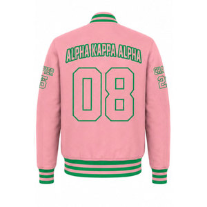 เสื้อแจ็คเก็ตเบสบอลสไตล์พรีปปี้สำหรับฤดูหนาว ตกแต่งขอบสีเขียว ปักโลโก้ บทที่ 25 พร้อมโลโก้ด้านหน้า ดีไซน์แบบชมรมกรีกตามสั่ง - Product Image 3