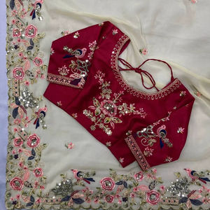 Sari de Georgette Suave de Lujo con Bordado en Pallu y Borde Calado, Traje Nupcial Indio para Boda, Venta al por Mayor de Sari con Blusa - Product Image 4