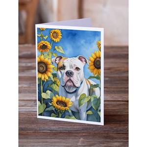 Whimsical American Bulldog in Sunflowers A7 Size 5x7 Blank <b>Note</b> <b>Cards</b> Pack of 8 with Envelopes for <b>Greetings</b> - Product Image 2