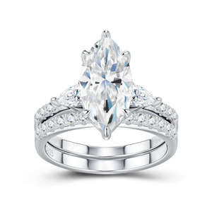 Anillo de compromiso de moissanita marquesa, conjunto nupcial de boda, oro blanco, banda pavé de tallo dividido, anillo elegante y llamativo - Product Image 1
