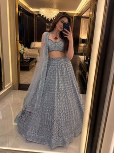 Ensemble de luxe XL gris lourd avec sequins brodés, comprenant un Lehenga Choli et un Dupatta, coupe droite, longueur ras du sol, idéal pour mariages, Diwali et soirées. - Product Image 1
