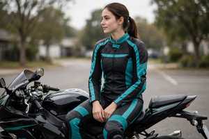 Combinaison de course moto en cuir pour femme, noire et turquoise, à blocs de couleur, manches longues, une pièce - Product Image 5