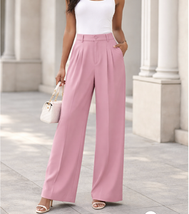 Pantalon en polyester/nylon pour femme, couleur unie, teinture vêtement, coupe ample, taille haute, longueur complète, respirant, idéal pour le bureau, usage automnal - Product Image 1