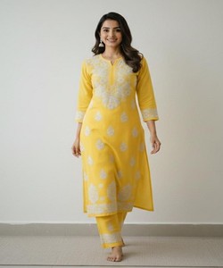 ชุดคุร์ตีปักลายผ้าฝ้ายสุดฮิต พร้อมกางเกงปาลาซโซ สวมใส่สบาย ราคาขายส่ง เสื้อผ้าชาติพันธุ์ สีเหลือง - Product Image 3