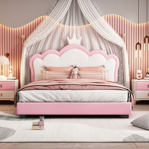 Letto Principessa Imbottito Bianco + Rosa con Testiera e Pediera a Corona, Elegante Design a Piattaforma - Product Image 1