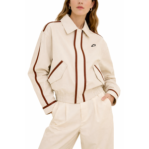 Veste coupe-vent beige décontractée pour homme avec bandes en cuir marron, veste de sport personnalisée, veste streetwear pour homme, vente en gros - Product Image 5