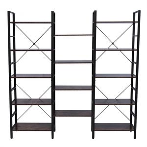 Libreria Industriale Vintage Francese a 5 Ripiani in Legno e Metallo, Scaffale Triplo Largo Aperto, Grande Etagere - Product Image 1