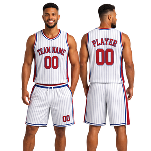 Ensemble uniforme de basketball rétro personnalisé à rayures blanches avec bordures rouges et bleues, maillot et short, design rétro avec nom et numéro d'équipe - Product Image 1