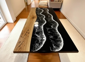 Mesa de Comedor de Resina Epoxi con Diseño de Olas Oceánicas Negras de Lujo, Madera Sólida con Borde Natural, Mueble Moderno para Conferencias - Product Image 3