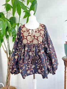 Chemisier bohème floral terreux en pur coton Top Indian Bagru Block Print Comfy Daywear - Product Image 2
