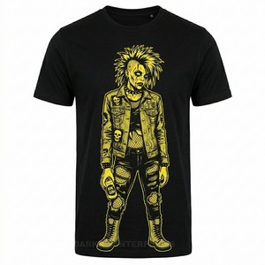Camiseta Gráfica Punk Rock para Mujer, Estilo Urbano Desgastado, Estampado Amarillo, Algodón Negro, Prenda de Moda Subterránea Personalizada de Fábrica - Product Image 1