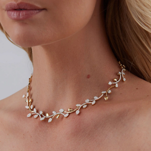 Luxury Women's Yellow Gold Diamond <b>Choker</b> Necklace Plant Pattern Round Brilliant Cut Channel Setting Wedding Jewelry - Product Image 2