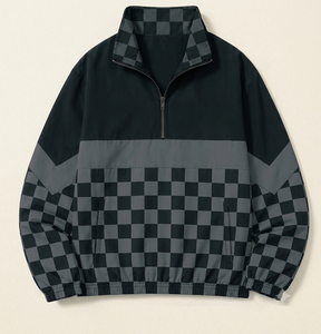 Sudadera de Forro Polar Personalizada para Hombre con Cierre de Cremallera, Diseño a Cuadros en Bloques de Color, Cuello Alto, Estilo Casual Urbano - Product Image 2