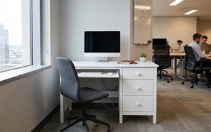 Modern White Wooden Computer <b>Desk</b> with 3 Drawers and Pull-Out Keyboard Tray for Home Office <b>Study</b> Room - Product Image 2
