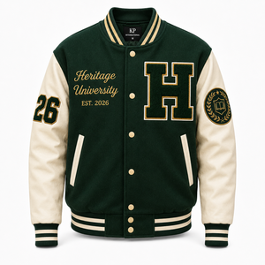 Chaqueta Bomber Varsity con Capucha para Hombre, Estilo Heritage University, Color Verde, con Parche Bordado en Forma de H, Alta Demanda, Venta al Por Mayor - Product Image 1