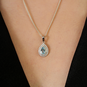 Colgante de Alta Gama para Mujer en Oro Blanco Real de 14K con Aguamarina y Diamantes en Forma de Pera, Doble Racimo, Apilable, Proveedor de Joyería al por Mayor - Product Image 2