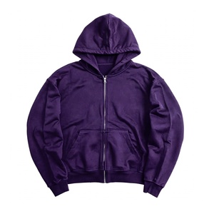 Heavyweight Purple <b>Zip</b> <b>Up</b> Hoodie Oversized Drop Shoulder Cotton Sweatshirt Full <b>Zip</b> Pocket Casual Winter Outerwear <b>Fleece</b> Top - Product Image 1