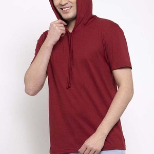 Men's <b>Red</b> Hooded T-Shirt Regular Fit Cotton Casual Solid Color Short Sleeve Knitted <b>Hoodie</b> Autumn Wear - Product Image 2