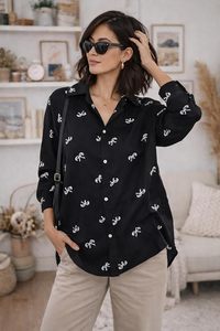 Camisa de Mujer de Viscosa y Rayón Bordada, Estilo Casual para Oficina, Blusa Elegante Negra Estampada con Botones - Product Image 5