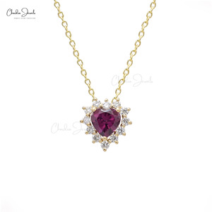 Collier Cœur Halo en Grenat Rhodolite Naturel 5mm avec Diamant en Or Jaune Massif 14 carats, Prêt à Expédier – Bijoux en Promotion - Product Image 2