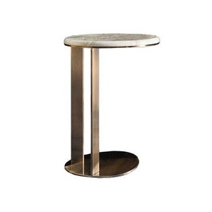 Mesa de Centro Moderna Artesanal con Base de Metal y Tapa Redonda de Mármol Gris, Mesa Auxiliar Minimalista en Forma de C para Sala de Estar - Product Image 1