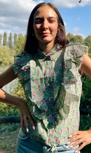 Block Print Cotton Shirt Women Boho Ruffle Sleeve Floral Top <b>Red</b> Green Summer <b>Blouse</b> Wholesale - Product Image 4