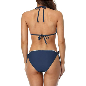 Conjunto de bikini azul marino para mujer, top cruzado, parte inferior con lazo lateral, traje de baño de dos piezas en contraste - Product Image 4