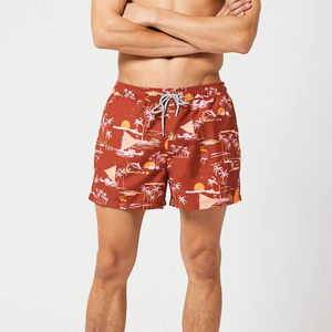 Shorts de Baño para Hombre con Estampado Tropical, Bolsillos, Secado Rápido, Cintura Elástica, Casuales, Rojos - Product Image 1