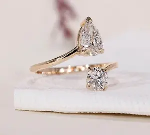 Anillo Abierto de Moissanita, Corte Pera, Corte Redondo, Ajustable, Plata de Ley 925, Anillo de Compromiso para Mujer, Joyería Fina - Product Image 4