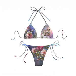 Ensemble de bikini haut de gamme 220 GSM 100 % polyester, taille haute, décolleté plongeant, rembourrage amovible, antibactérien, respirant, imprimé numérique uni - Product Image 1