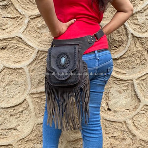 Riñonera de cuero genuino para mujer 100%, riñonera Bohemia con flecos de piedra, estilo Vintage, riñonera de vaquero de alta calidad, cinturones de cuero de vaca - Product Image 5