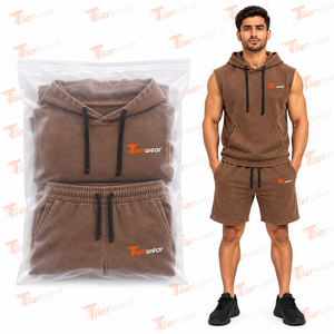 <b>Men's</b> Brown Acid Wash Sleeveless <b>Hoodie</b> <b>and</b> <b>Shorts</b> <b>Set</b> Summer Cotton French Terry Streetwear Outfit <b>Hoodie</b> Summer <b>set</b> - Product Image 2
