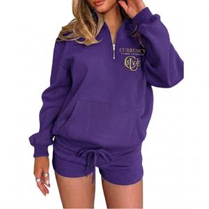 Ensemble 2 pièces décontracté en coton uni pour femme, respirant et écologique, sweat à capuche zippé et short, tenue confortable pour l'automne - Product Image 1