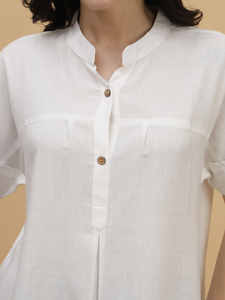 Chemisier blanc en lin pour femme à col mandarin, manches courtes, coupe ample, décontracté, respirant, uni, printemps-été - Product Image 4